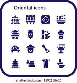  oriental icon set. 16 filled oriental icons. Simple modern icons about  - Pagoda, Room divider, Dohyo, Noodle, Chinese, Bamboo, Geisha, Dumpling, Chopsticks, Noodles, Zen, Kimono