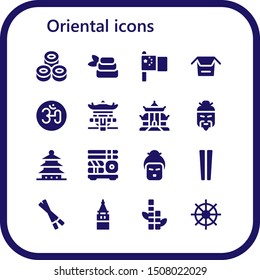 oriental icon set. 16 filled oriental icons.  Simple modern icons about  - Sushi, Zen, China, Noodles, Om, Pagoda, Chinese, Geisha, Chopsticks, Galata tower, Bamboo, Buddhism