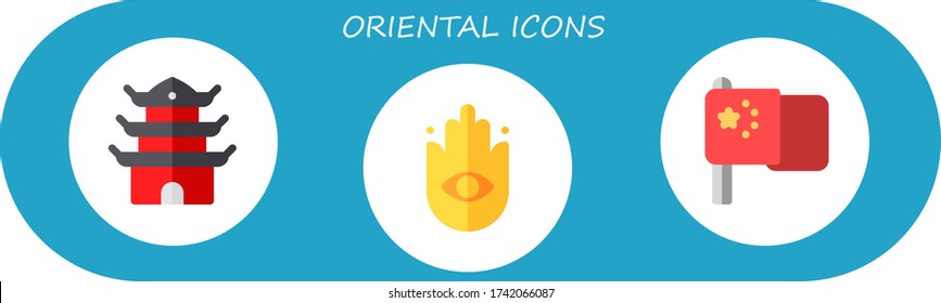 oriental icon set. 3 flat oriental icons. Included pagoda, buddhism, china icons