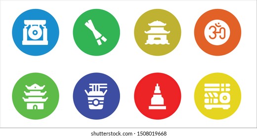 oriental icon set. 8 filled oriental icons.  Collection Of - Gong, Pagoda, Chopsticks, Noodles, Temple, Om, Sushi icons