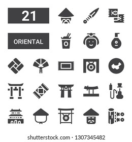 oriental icon set. Collection of 21 filled oriental icons included Kunai, Chinese, Gong, Kasa, Forbidden city, Hookah, Katana, Torii gate, Rug, Torii, China, Paper fan, Tatami