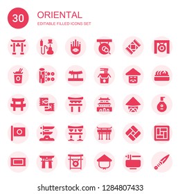 oriental icon set. Collection of 30 filled oriental icons included Torii, Hookah, Buddhism, Gong, Rug, Noodles, Kunai, Katana, Chinese, Forbidden city, Japan, Torii gate, Tatami