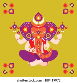 Oriental India Ganesha elephant postcard cover design illustration in vector