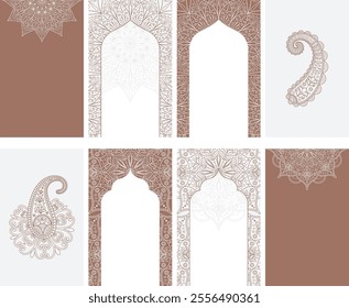 Oriental Indian mandala frame templates. Arabian patterns for invitations, cards. Hindi arch ornament. Mocha color