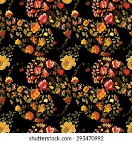 Orientalisch-indianisches, nahtloses Muster mit schwarzem Hintergrund.  Blumenmotive.