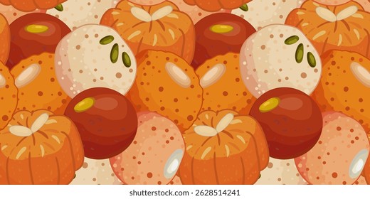 oriental indian sweets seamless pattern background – traditional mithai dessert design for textile, wrapping paper, diwali packaging, food market decoration
