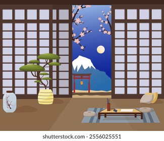 Oriental interior. Night view of the mountains from the terrace. Blooming sakura and temple gate. Desk with writing utensils. Seat cushions. Bonsai and vase. Vector illustration