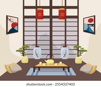 Oriental interior - a room for a tea ceremony. Teapot and cups, table, bonsai and vase, soft pillows and a mat on the floor. Terrace with a view of the mountains. Vector illustration