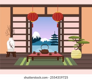 Oriental interior. Table for tea ceremony. Teapot and cups, decorative lanterns, bonsai and vase with sakura. Window with mountain view. Vector illustration