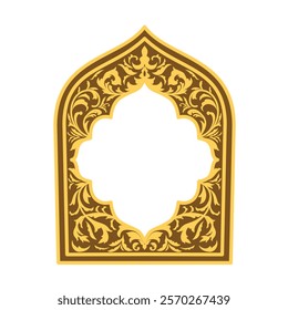 Oriental Islamic frame border Arabic window shape mosque ornament motif. Arab label with copy space and pattern of gold flowers background. Traditional muslim ornament border decor vector illustration