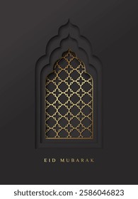 Oriental Islamic window or arch for Ramadan Kareem and Eid Mubarak. Design template with cut out paper effect for greeting banner, card, advertising, sale, web, poster.