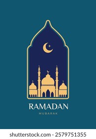 Oriental Islamic windows and arch for Ramadan Kareem and Eid Mubarak. Design template in flat style for greeting banner, card, sale, web, poster. Vector illustration in blue and gold colors