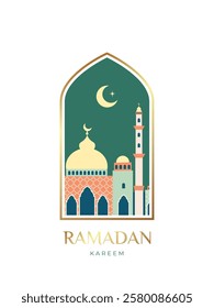 Oriental Islamic windows and arch for Ramadan Kareem and Eid Mubarak. Design template in flat style for greeting banner, card, advertising, sale, web, poster.