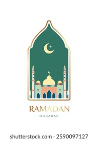 Oriental Islamic windows and arch for Ramadan Kareem and Eid Mubarak. Design template in flat style for greeting banner, card, advertising, sale, web, poster. Vector illustration