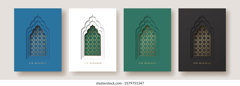 Oriental Islamic windows or arches set for Ramadan Kareem and Eid Mubarak. Design template with cut out paper effect for banner, card, web, poster. Vector illustration