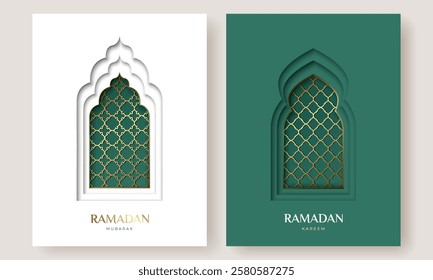 Oriental Islamic windows or arches set for Ramadan Kareem and Eid Mubarak. Design template with cut out paper effect for greeting banner, card, advertising, sale, web, poster. Vector illustration