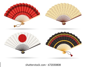 Oriental japan fan set isolated on white background. Traditional paper chinese or japanese geisha vector folding fans