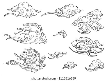 oriental Japanese or Chinese cloud ornament doodle drawing collection set vector with white isolated background 