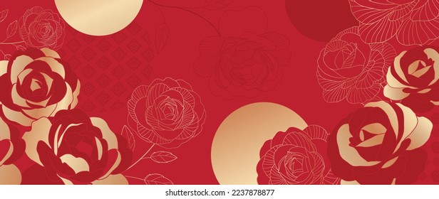 El vector de fondo del patrón de estilo de lujo oriental japonés y chino. Flor de rosa botánica con textura dorada sobre fondo rojo patrón chino. Ilustración de diseño para papel pintado, tarjeta, afiche.