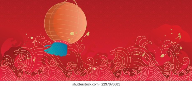 Oriental Japanese and Chinese luxury style pattern background vector. Gold oriental lantern, ocean wave line art with chinese pattern red background. Design illustration for wallpaper, card, poster.