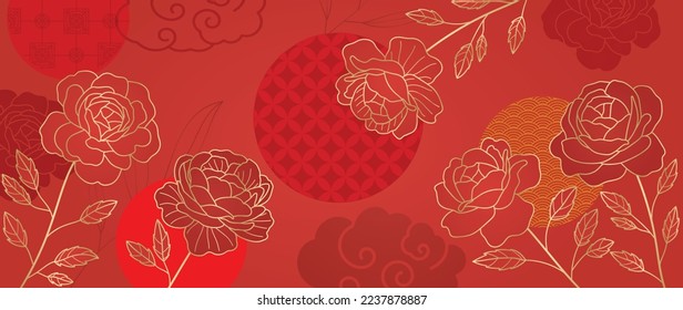 El vector de fondo del patrón de estilo de lujo oriental japonés y chino. Flor de rosa botánica con textura dorada sobre fondo rojo patrón chino. Ilustración de diseño para papel pintado, tarjeta, afiche.