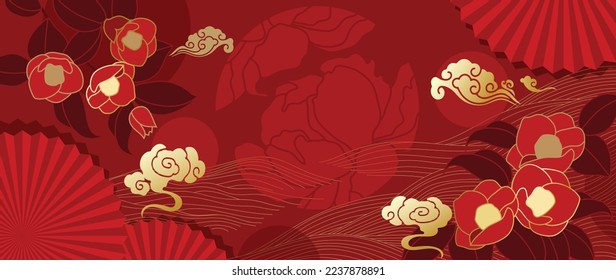 Oriental Japanese and Chinese luxury style pattern background vector. Decorative gold sakura flower and line art with chinese pattern red background. Design illustration for wallpaper, card, poster.