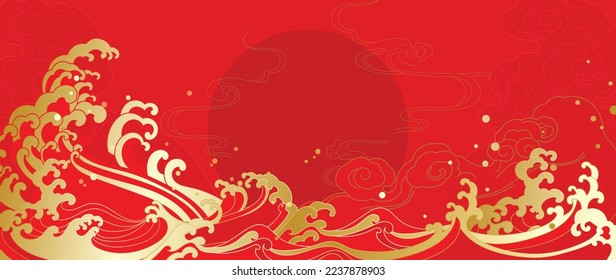 Oriental Japanese and Chinese luxury style pattern background vector. Decorative gold oriental wave style line art with chinese pattern red background. Design illustration for wallpaper, card, poster.