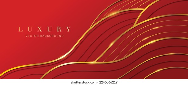 Oriental Japanese and Chinese luxury style pattern background vector. Oriental shining golden wave line overlay pattern on red background. Abstract art design illustration for wallpaper, card, poster.