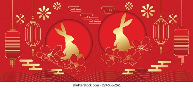 Oriental Japanese and Chinese luxury style pattern background vector. Traditional golden rabbit, lantern, flowers and chinese pattern background. Art design illustration for wallpaper, card, poster.