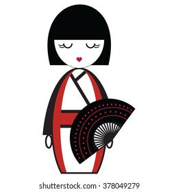 Oriental Japanese geisha  doll with kimono with orinetal fan element inspired by traditional japanese outfit and culture
