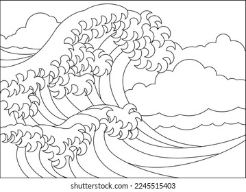 An oriental Japanese great wave in  outline, could be a coloring book page
