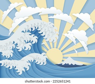 An oriental Japanese great wave with a sunrise in a layered paper craft style