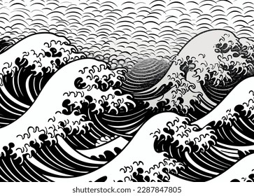 An oriental Japanese great wave in a vintage retro engraved etching style eps 10