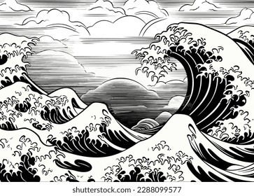 An oriental Japanese great wave in a vintage retro engraved etching style eps 10