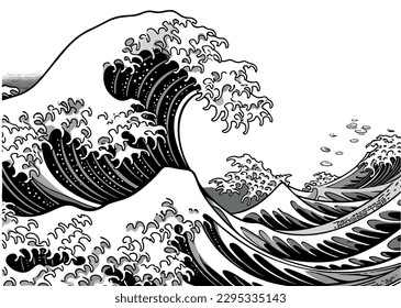 An oriental Japanese great wave in a vintage retro engraved etching style eps 10