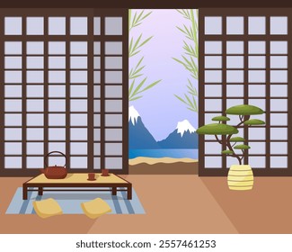 Oriental Japanese interior. Terrace with tea table. Teapot and cups, table, bonsai and vase, soft pillows and rug on the floor. Open terrace with view of mountains and growing bamboo. Vector