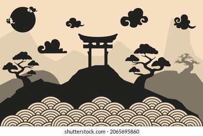 Oriental Japanese premium background. Tori gate and bonsai tree silhouette vector 