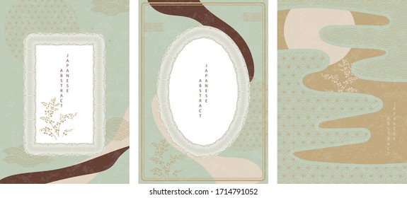 Oriental Japanese style abstract pattern background design geometry wave move retro frame and plant grass icon