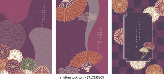 Oriental Japanese style abstract pattern background design purple flower folding fan decoration and frame
