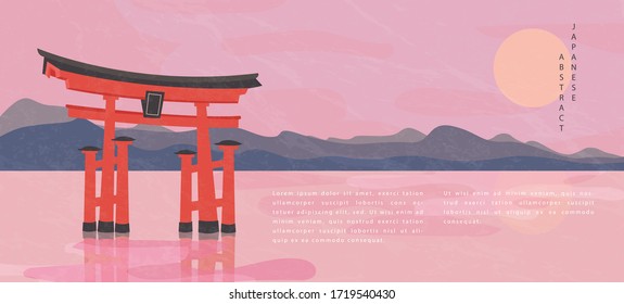 Oriental Japanese style abstract pattern background design travel nature landscape view of mountain lake and traditional Japanese gate Torii