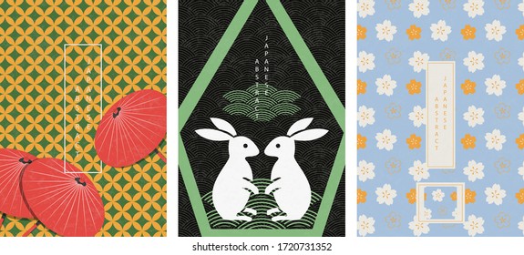 Diseño de fondo abstracto al estilo japonés oriental geometría de fondo transparente y flor de ciruelo bonito paraguas de papel rojo conejo