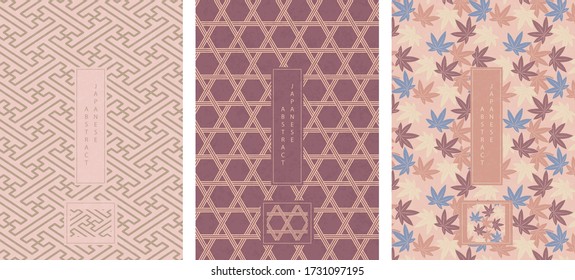 Diseño de fondo de patrón abstracto de estilo japonés oriental geometría marco de tracería cruzada de polígono y hoja de arce colorida