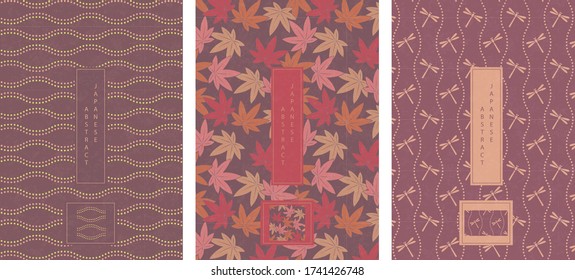 Diseño de fondo de patrón abstracto de estilo japonés oriental geometría movimiento de línea de puntos y libélula de hojas de arce