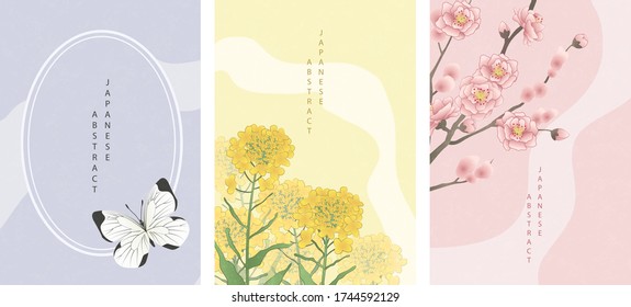 Oriental Japanese style abstract pattern background design nature flower insect frame template butterfly and peach blossom golden cole flower