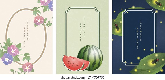 Oriental Japanese Style Abstract Pattern Background Frame Design Summer Nature Objects Morning Glory Flower Watermelon And Glowworm Firefly