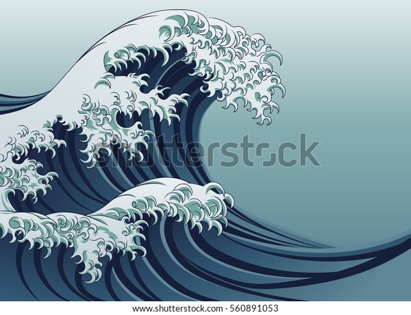 An\
oriental Japanese style great wave in a vintage\
style