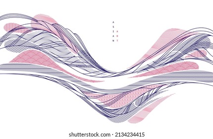 Ilustración abstracta de vectores de estilo japonés oriental, fondo de estilo tradicional asiático, formas onduladas y terreno montañoso, rancia como líneas marítimas.