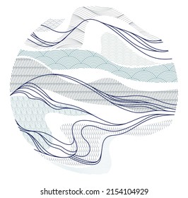Ilustración abstracta de vector de estilo japonés oriental en forma de círculo, fondo de estilo tradicional asiático, formas onduladas y terreno montañoso, rancia como las líneas del mar.