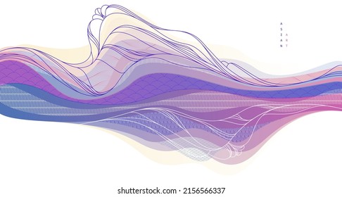Oriental Japanese style vector abstract illustration, background in Asian traditional style, wavy shapes and mountains terrain, runny like sea lines.
