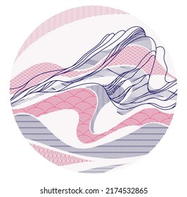 Oriental Japanese style vector abstract illustration in a shape of circle, background in Asian traditional style, wavy shapes and mountains terrain, runny like sea lines.